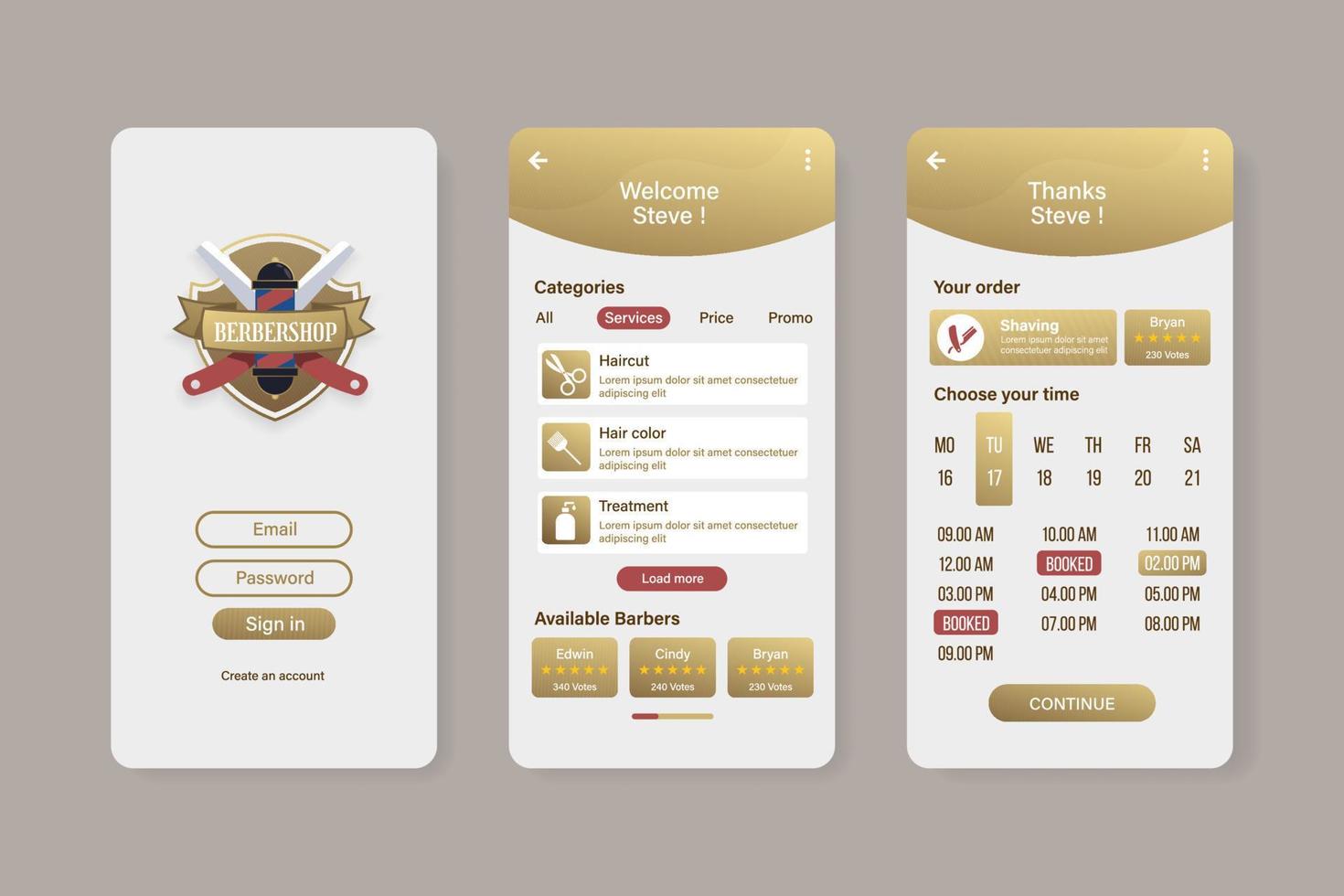 Barber shop booking application template vector