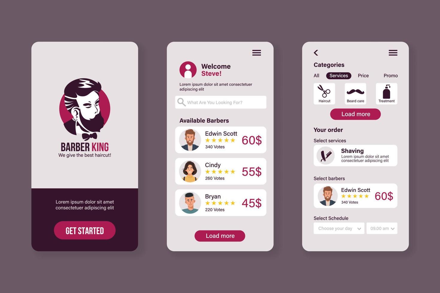 Barber shop mobile application template vector