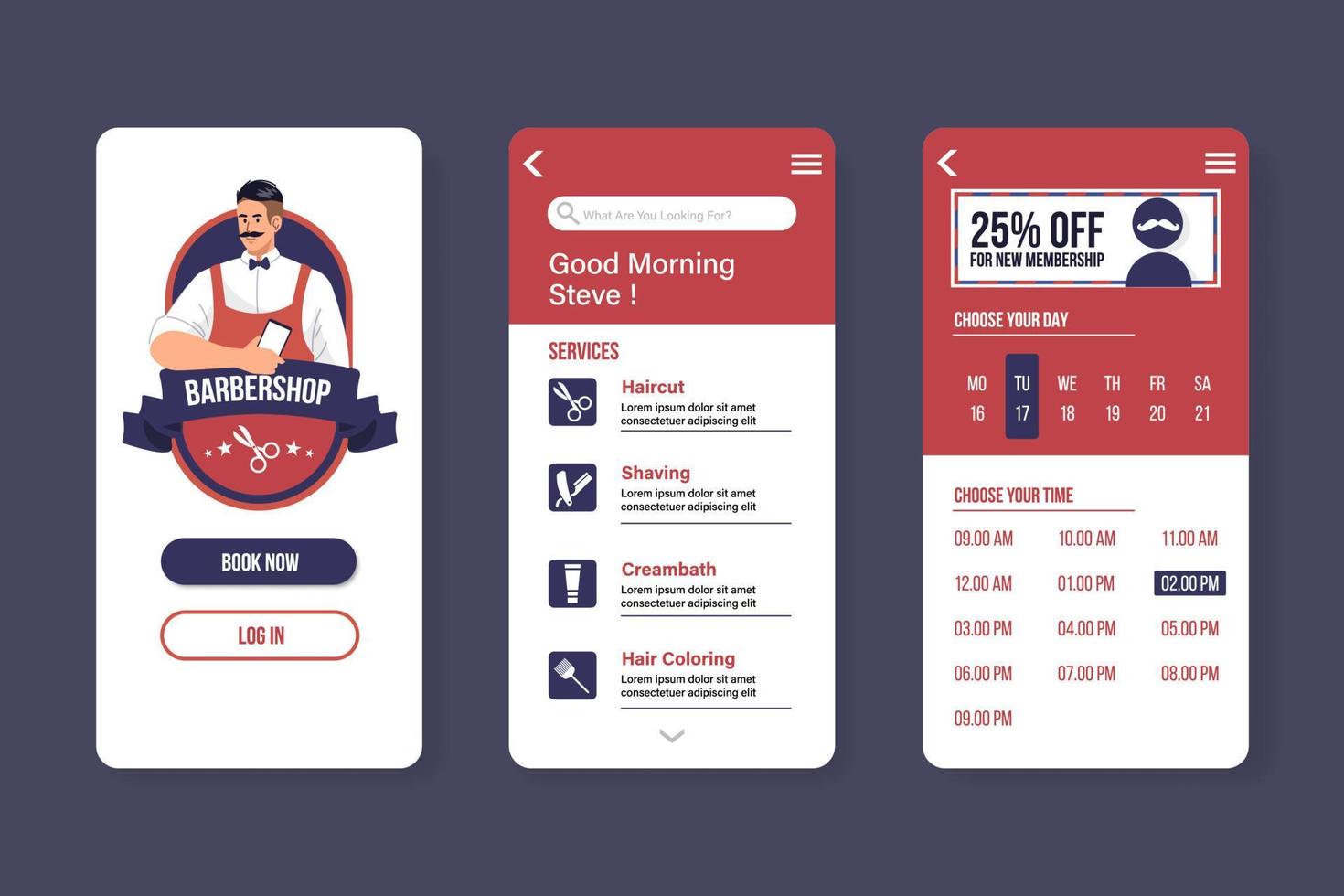 Barber shop booking app template vector
