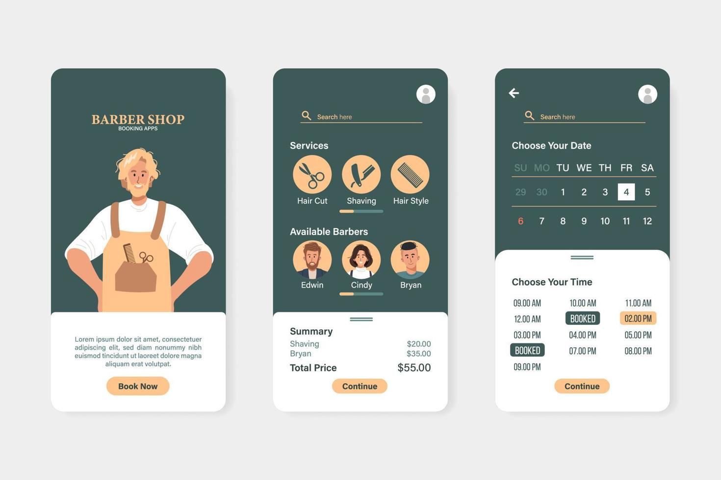 Barber shop app interface design template vector