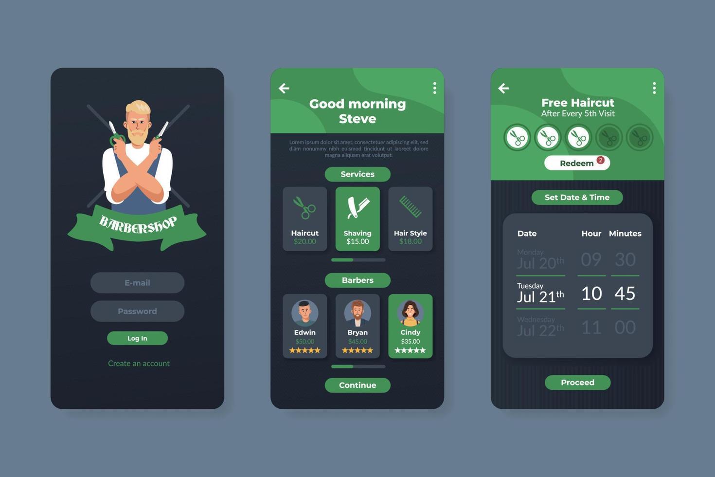 Barbershop smartphone application template with mascot logo character illustration vector