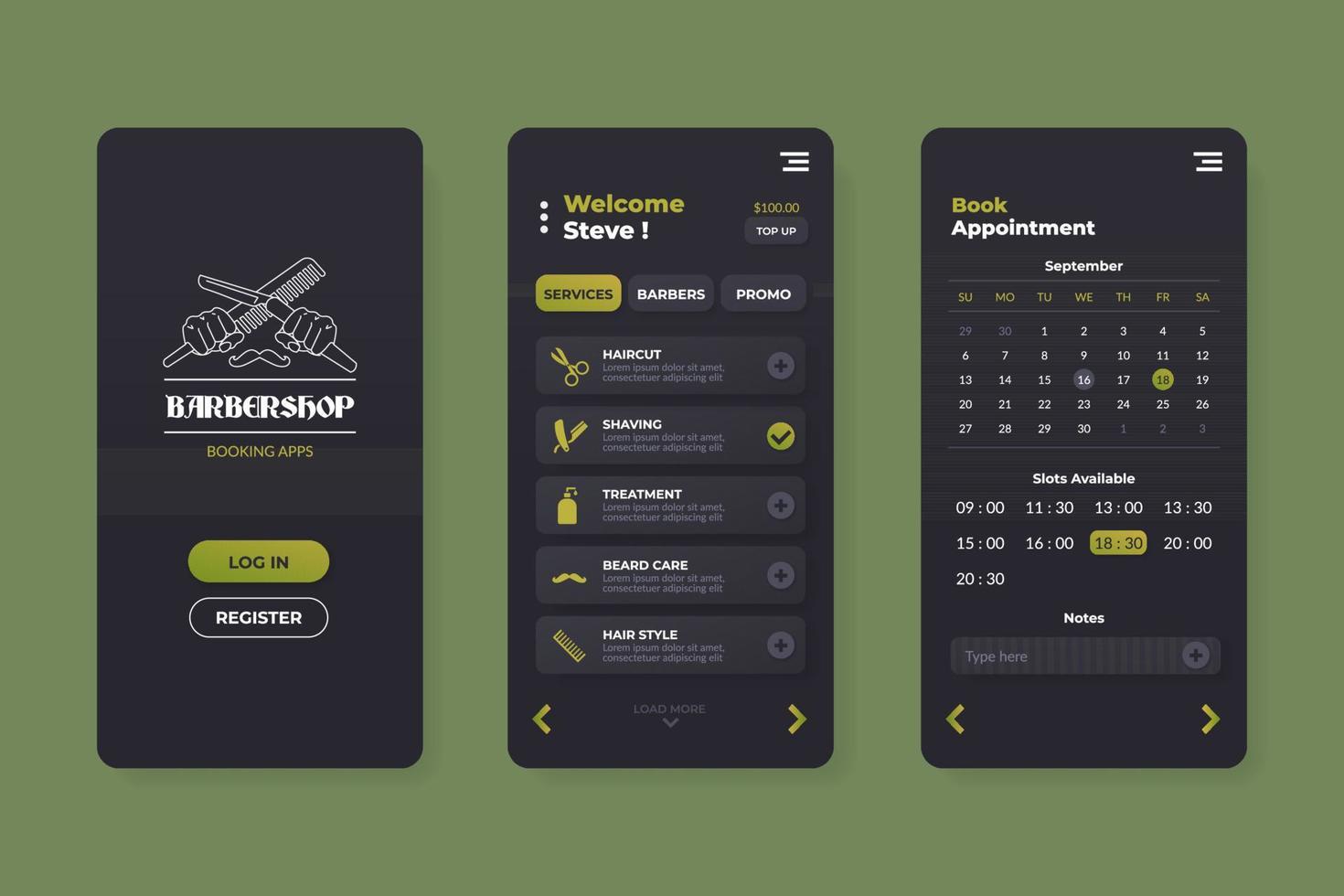 User interface template for barbershop booking apps vector