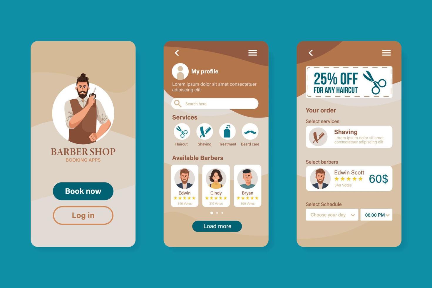 Barber shop mobile phone app template vector