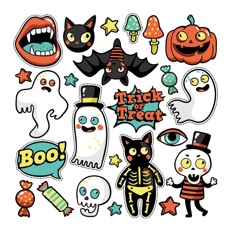 conjunto de parches de halloween en estilo cómico de dibujos animados. vector