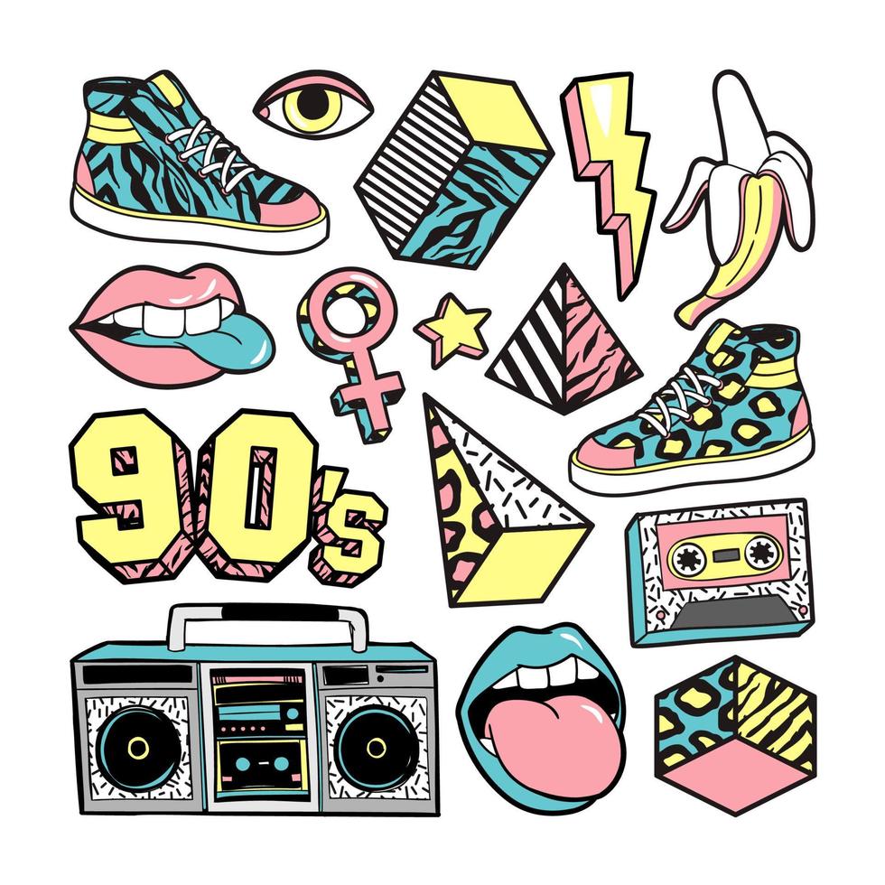 Fashion patches in in 80s-90s memphis style. vector