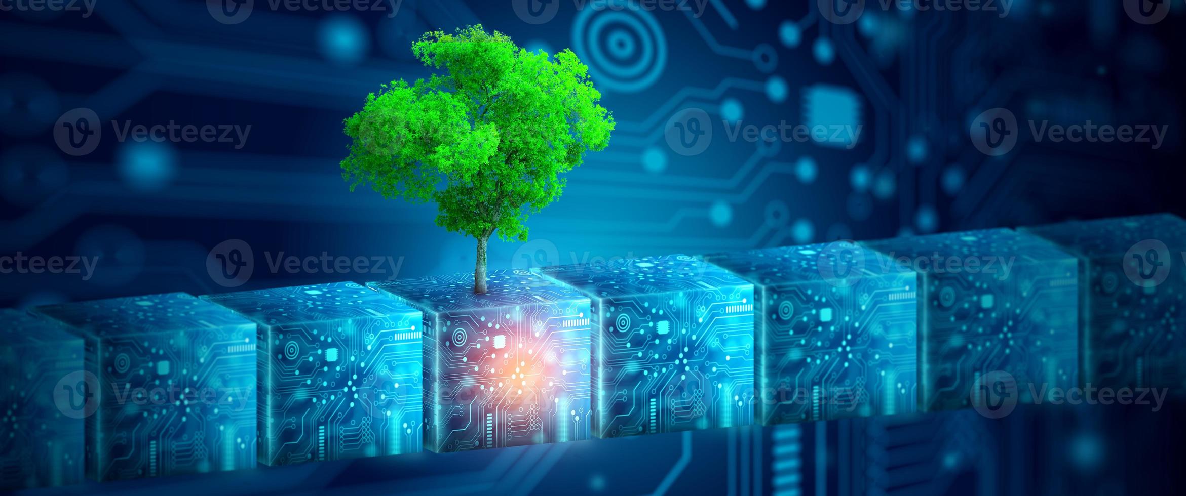 Digital cube with tree against nature. Ecology, Energy, and Environment Concept. photo