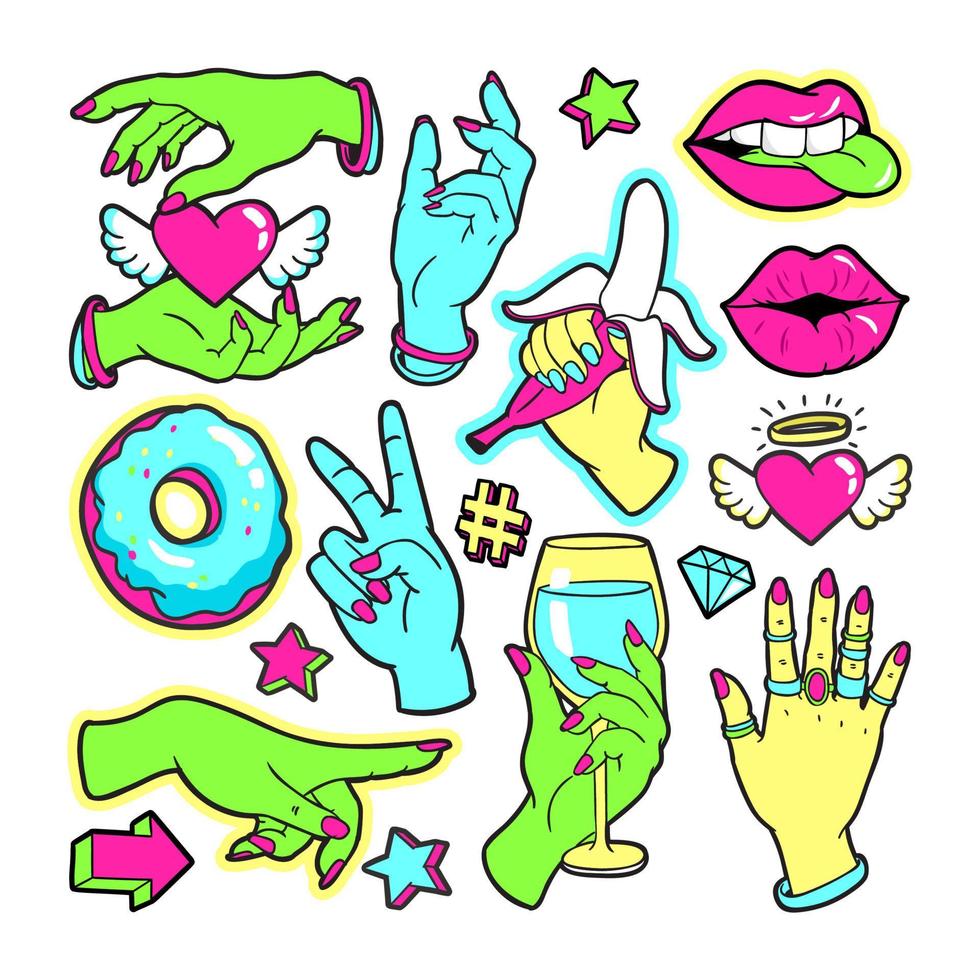 Fashion patch badges with gestures of hands. vector