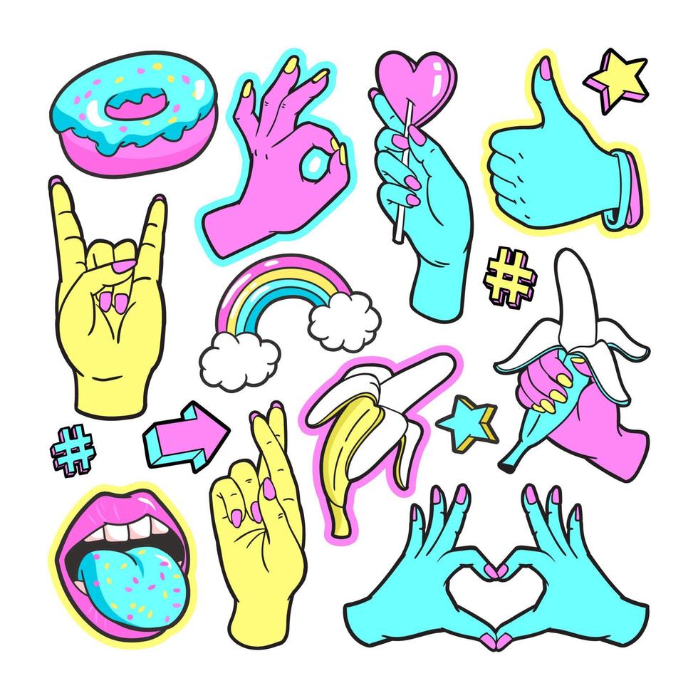 Fashion patch badges with gestures of hands. vector