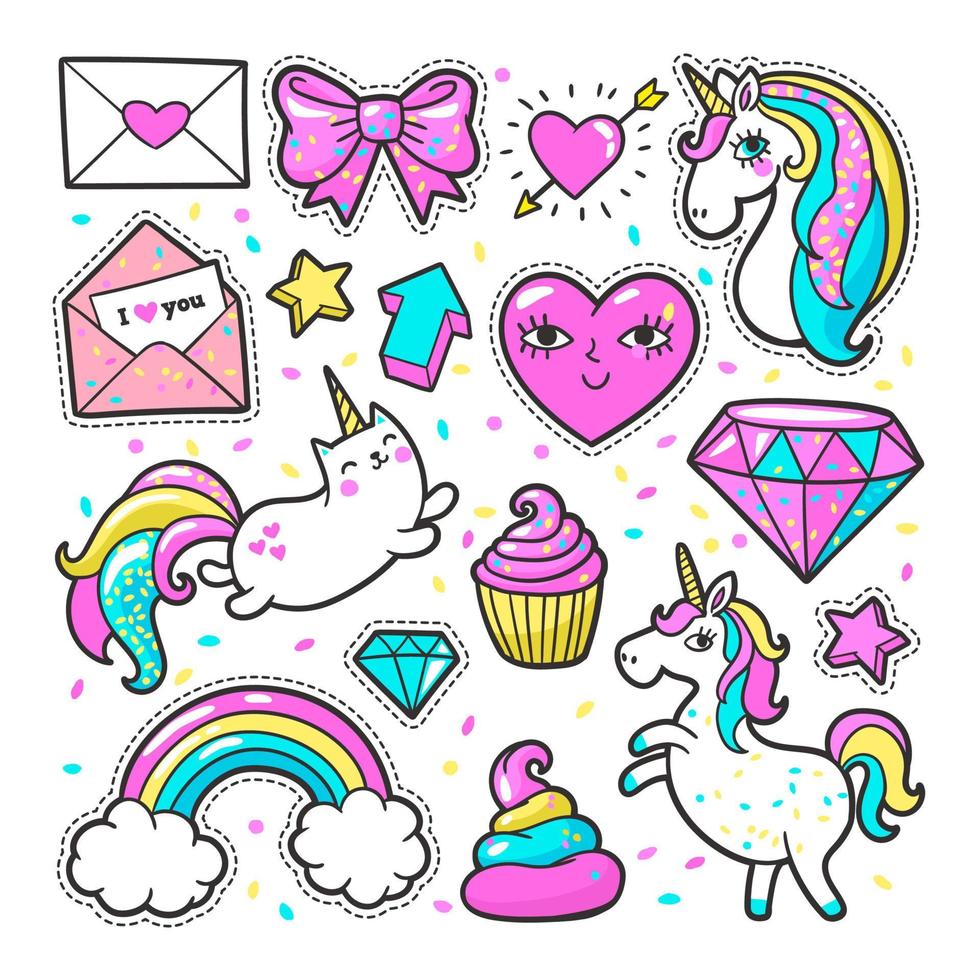 Set Of Girls Fashion Cute Patches Fun Stickers Badges And Pins Collection  Different Elements Princess And Unicorn Lips And Ponies Rainbow And Sweets  Vector Trendy Illustration Stock Illustration - Download Image Now 