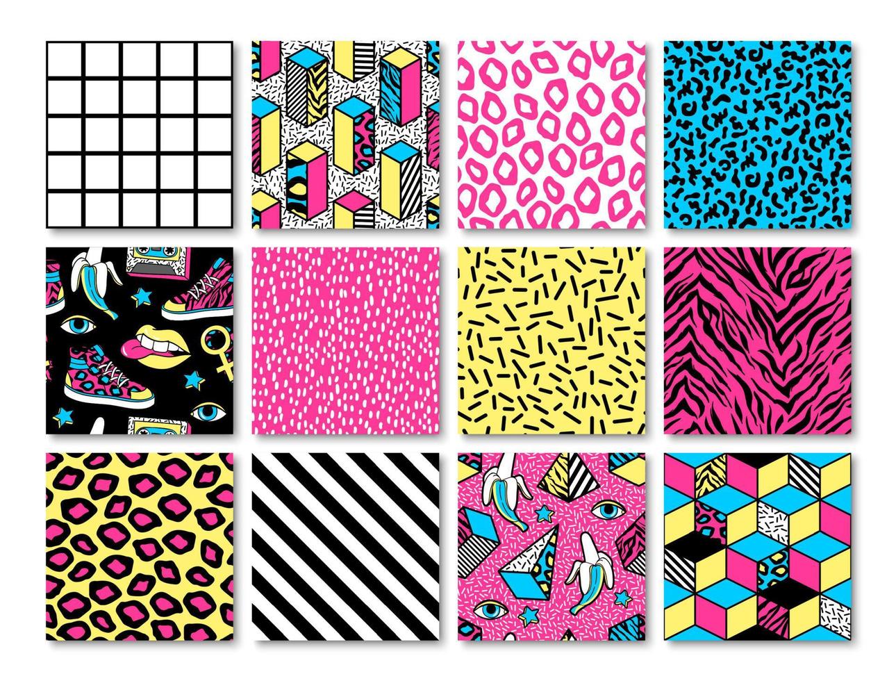 Set of seamless patterns in 80s-90s memphis style. vector