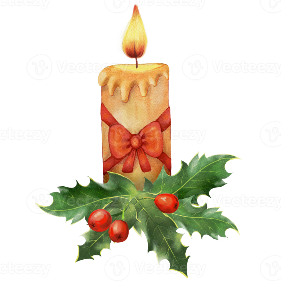 Christmas candle with holly wreath png