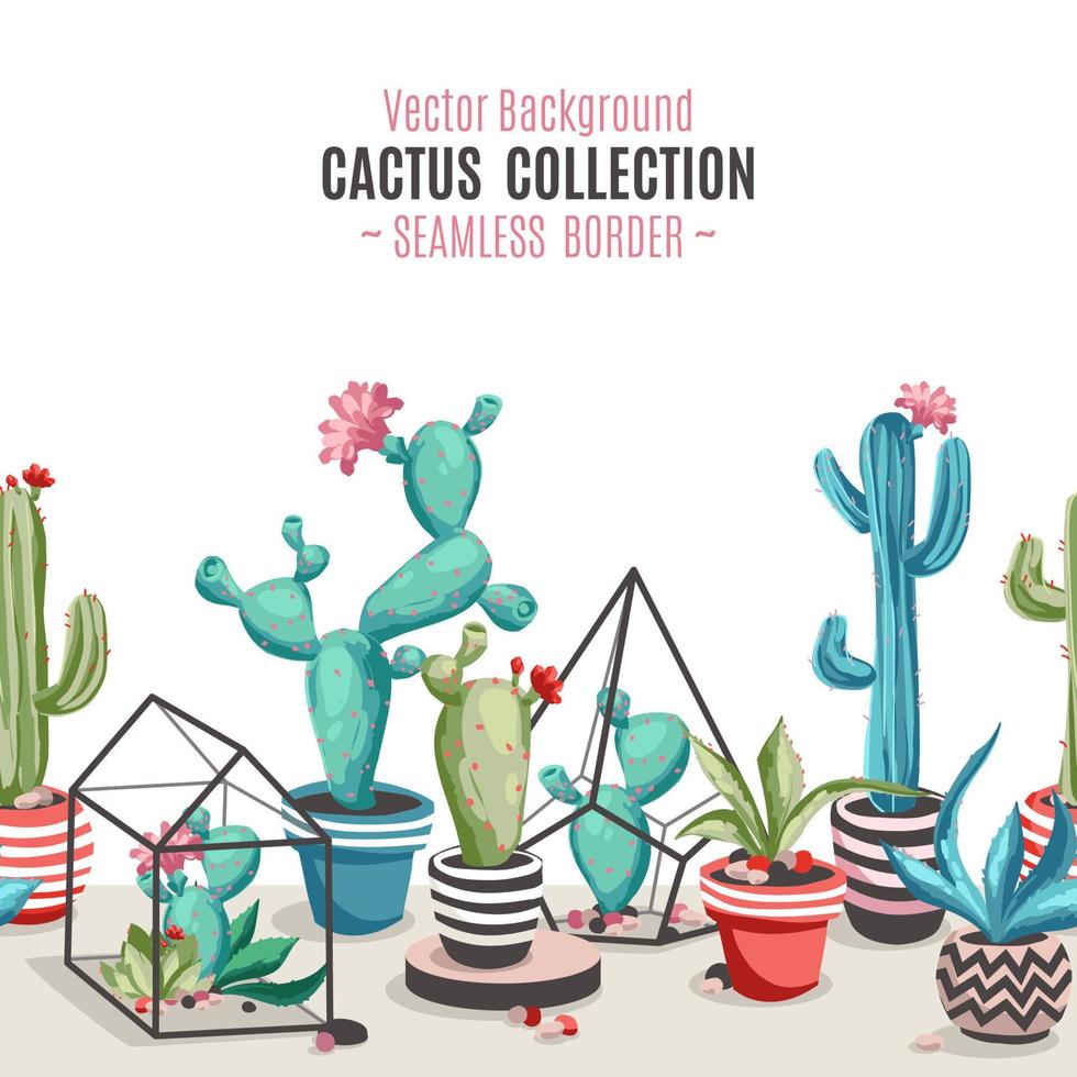 Cacti flower seamless border. vector