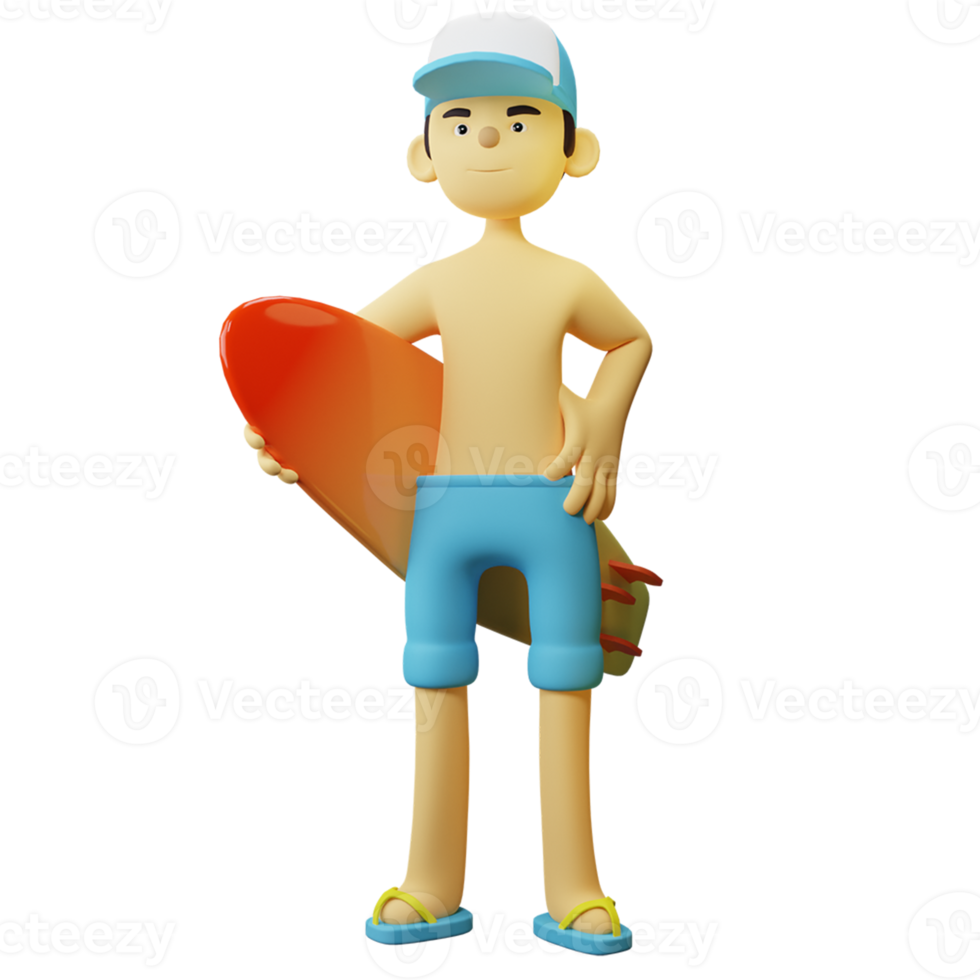 3d karakter zomer jongen met surfing bord png