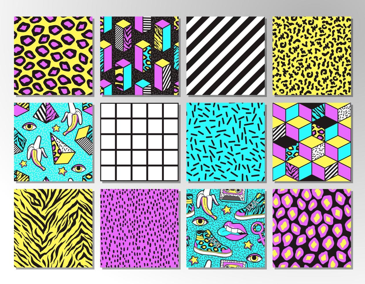 Set of seamless patterns in 80s-90s memphis style. vector