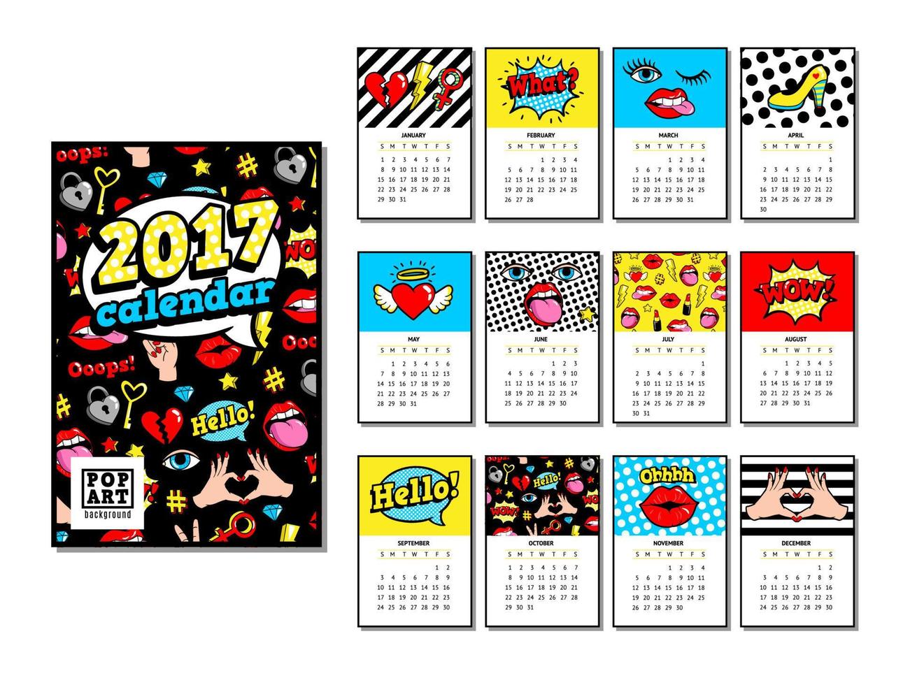 calendario 2017 en estilo cómico de dibujos animados de los años 80-90. vector