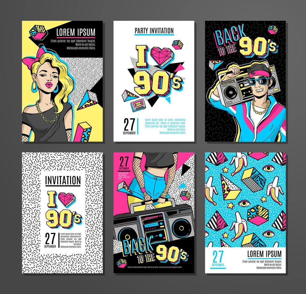 Set of cards and banners in 80s-90s memphis style. vector