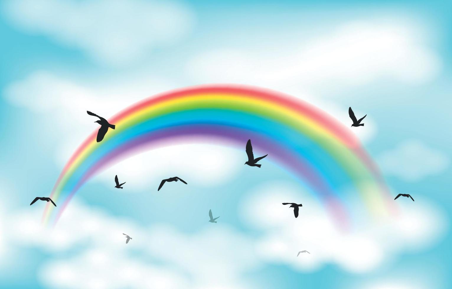 hermoso arcoiris con nubes y pájaros voladores vector