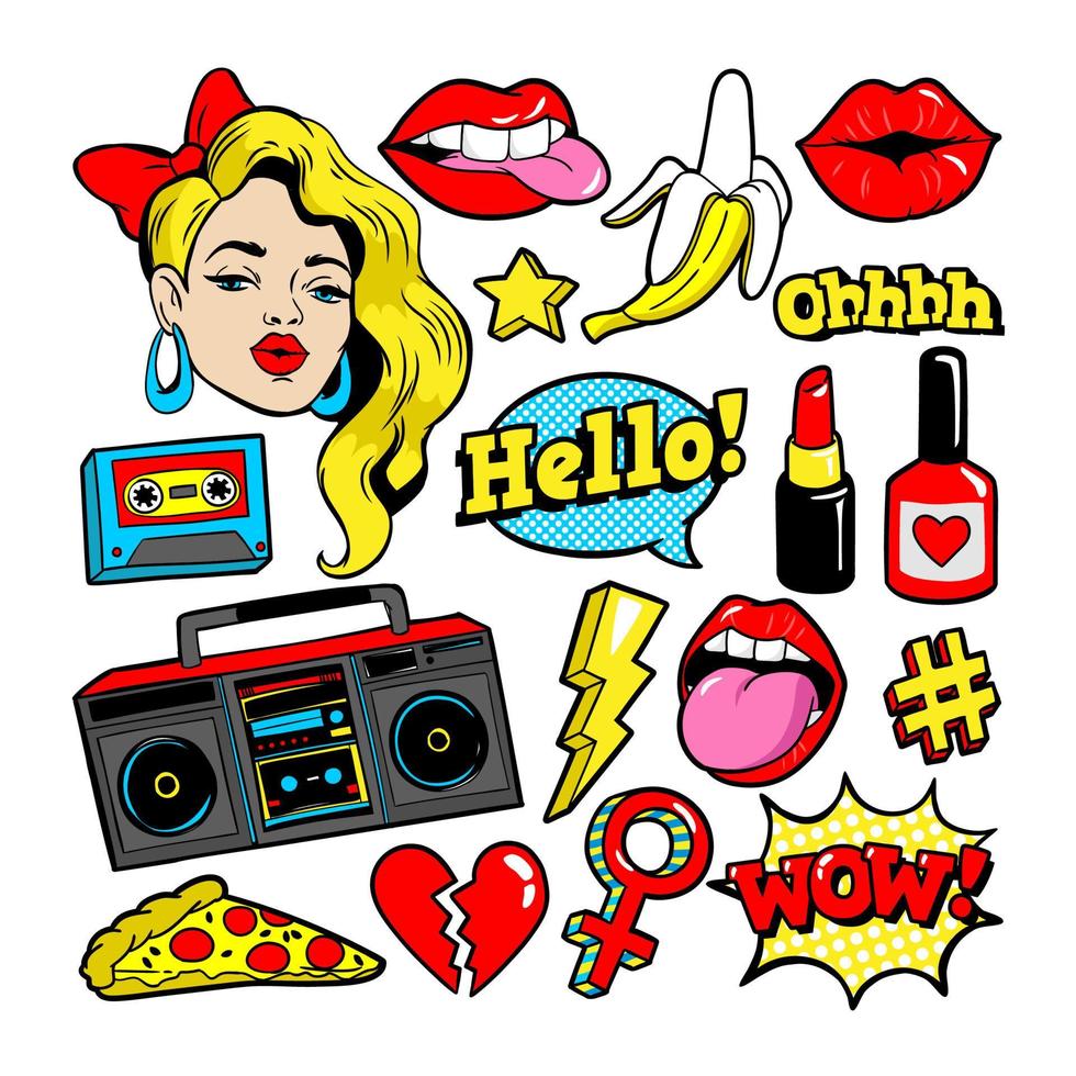 Fashion patches in cartoon 80s-90s comic style. vector