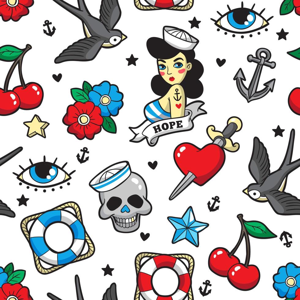 Old school seamless pattern in rockabilly style. vector