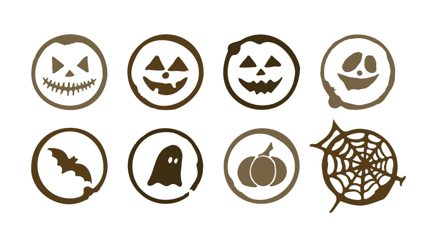 Coffee spots with Halloween picture. Dirty cup splash eight ring stain or coffee stamp. vector