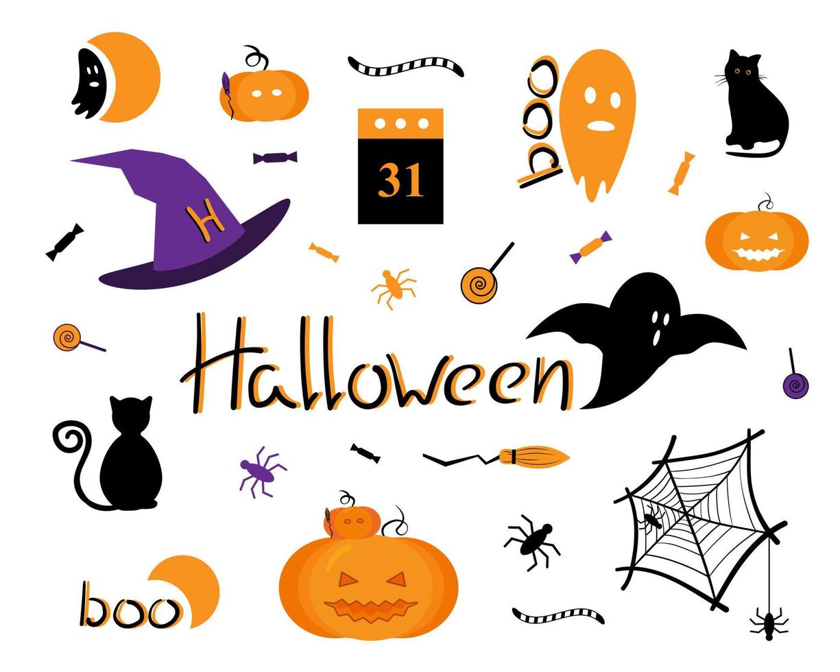 Vector set silhouette icon of Halloween doodle elements. Traditional elements of Halloween. Kawaii characters.