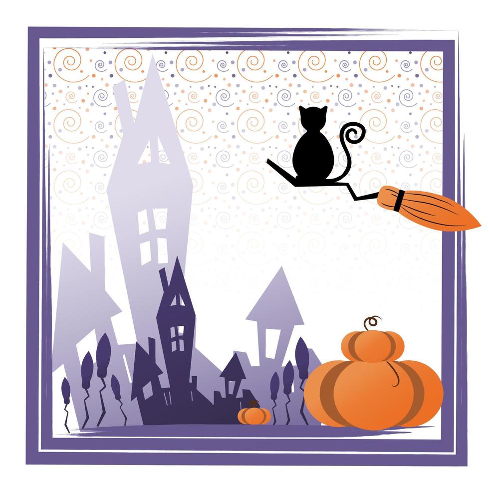 Happy Halloween banner. Background with pumpkin and cat and magic forest. Vector illustration.