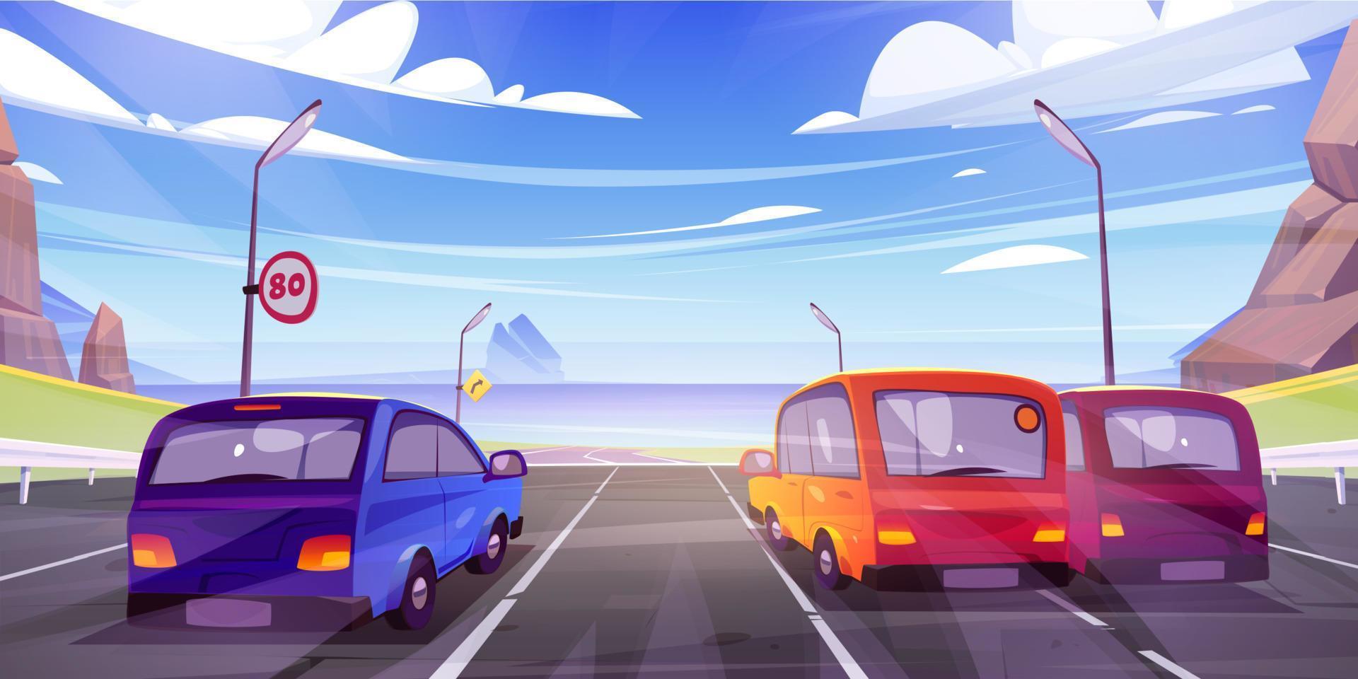 Cars driving at highway to ocean shore rear view vector