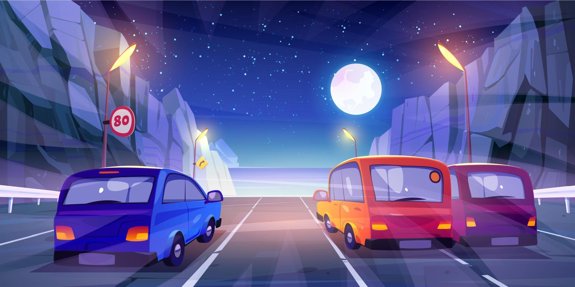 coches conduciendo por la noche vista trasera de la carretera de montaña vector