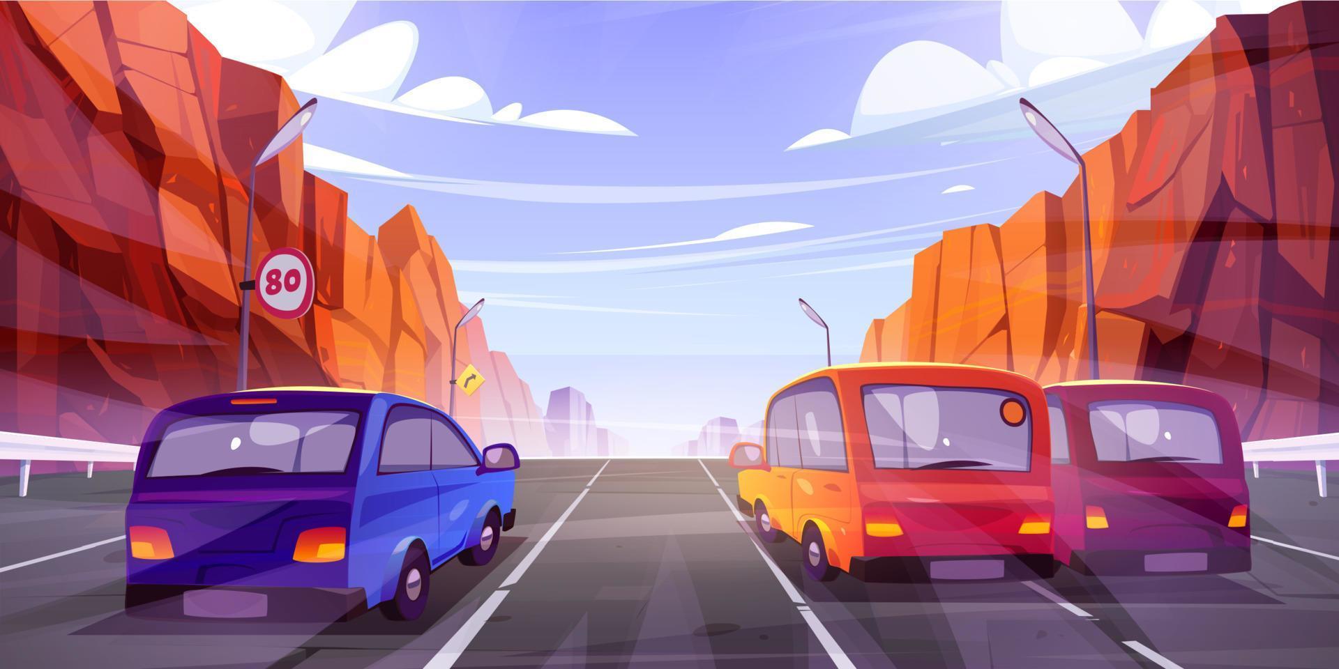 Cars driving road with cartoon rocky mountains vector
