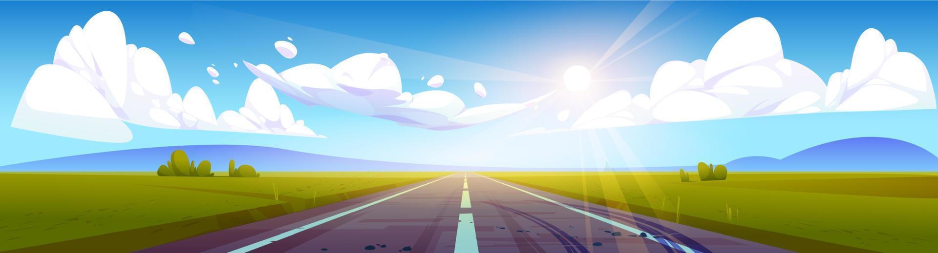 Empty motor road and green field landscape cartoon vector