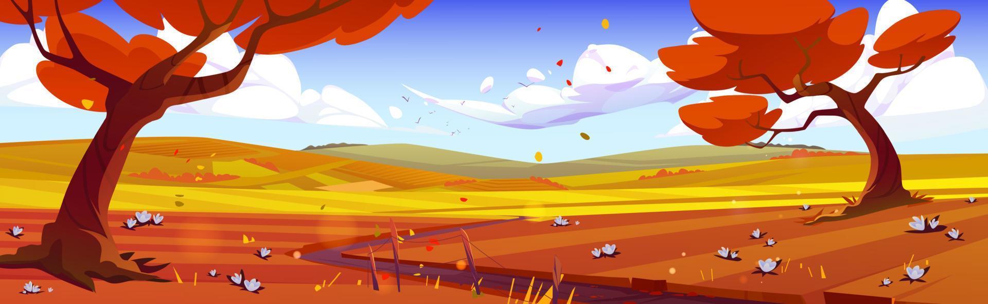 Cartoon autumn nature landscape, rural fall scene vector