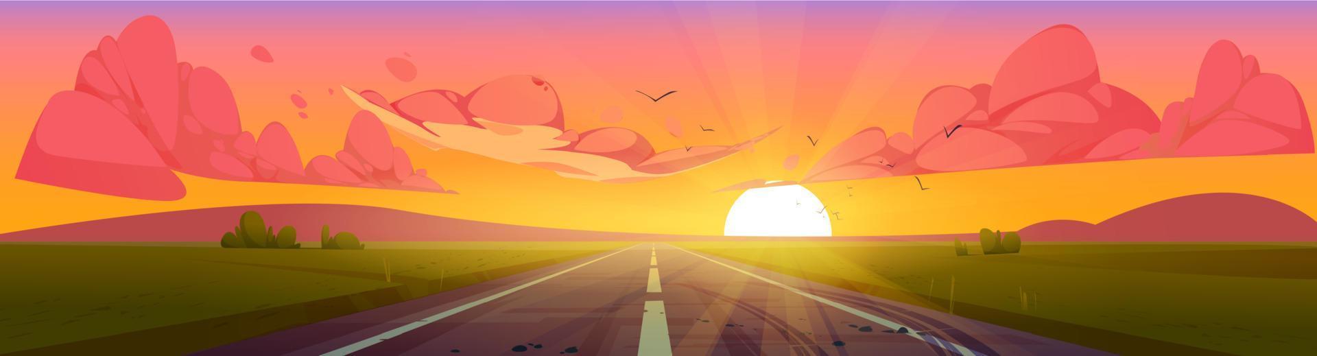 Road at sunset perspective view, summer nature vector