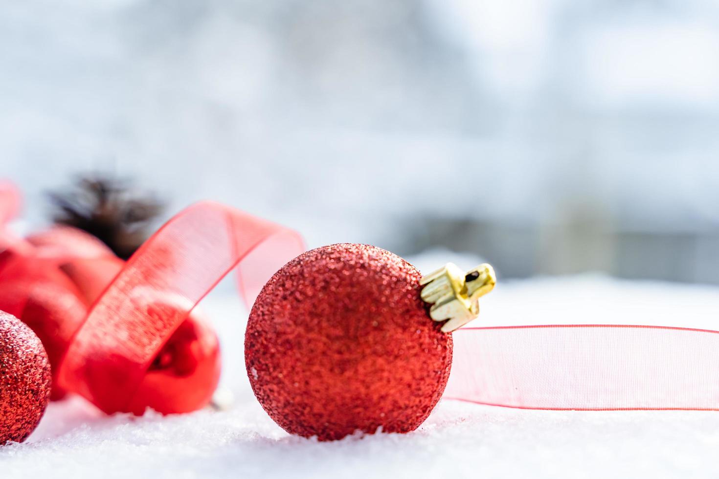 Christmas decoration. Christmas spruce with ball and blurred shiny lights. Christmas composition is with colorful balls on snow. Christmas decoration on snow with blur abstract background photo