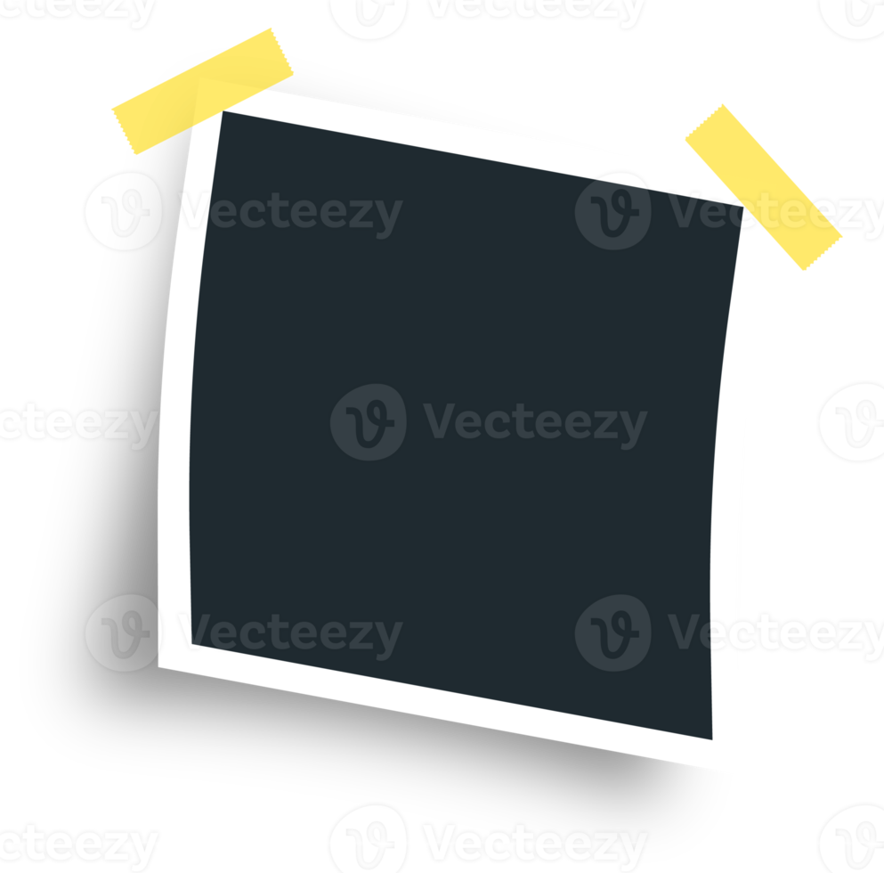 fotorahmen mit leerem platz und gelbem klebebandaufkleber. gedrehtes fotorahmenkonzept. realistischer leerer fotokartenrahmen. png