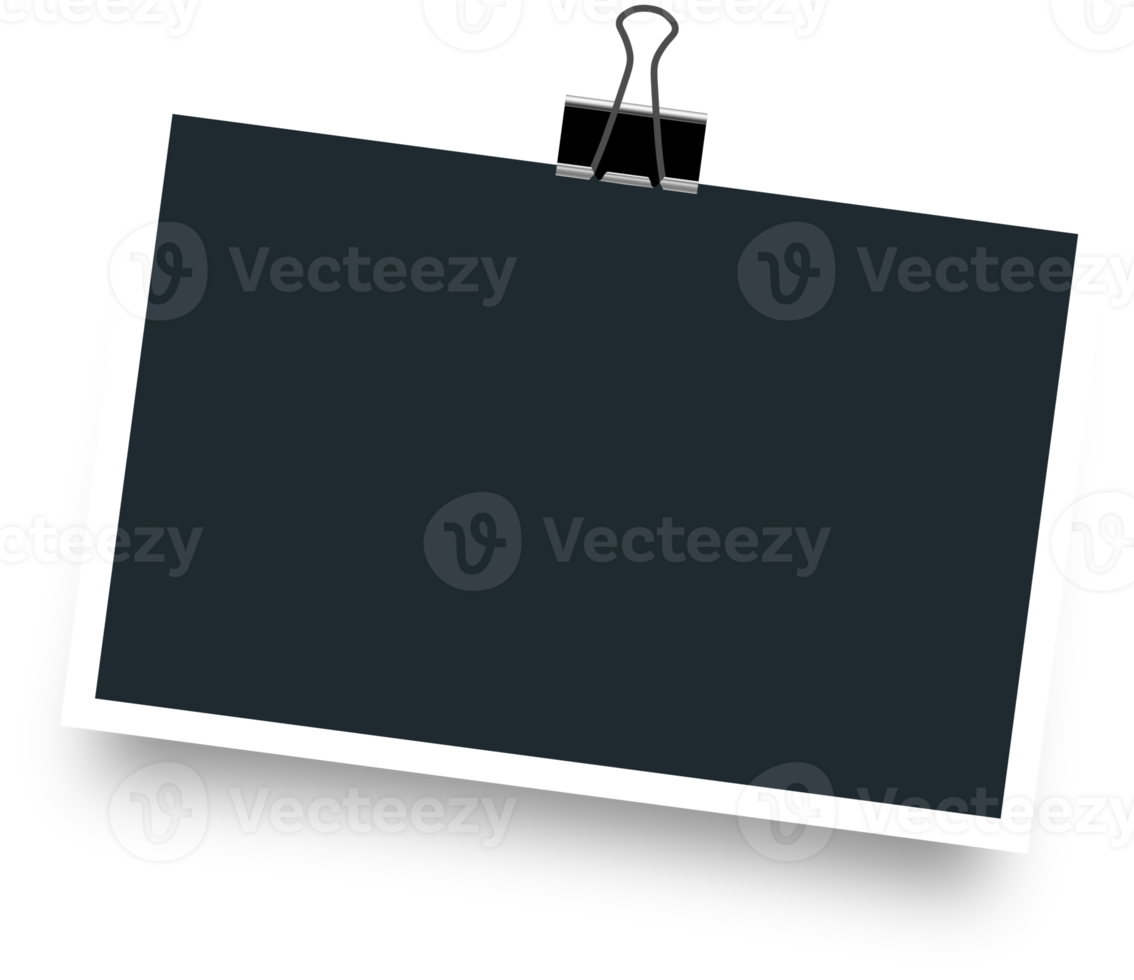 foto telaio con vuoto posto e carta clip. ruotato foto telaio concetto. realistico vuoto foto carta telaio. png