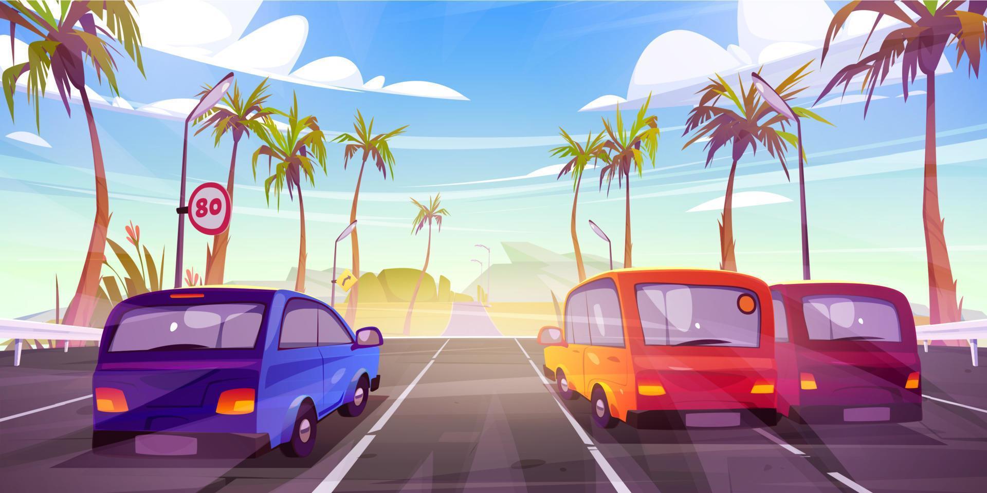 Cars on road, tropical palms cartoon illustration vector