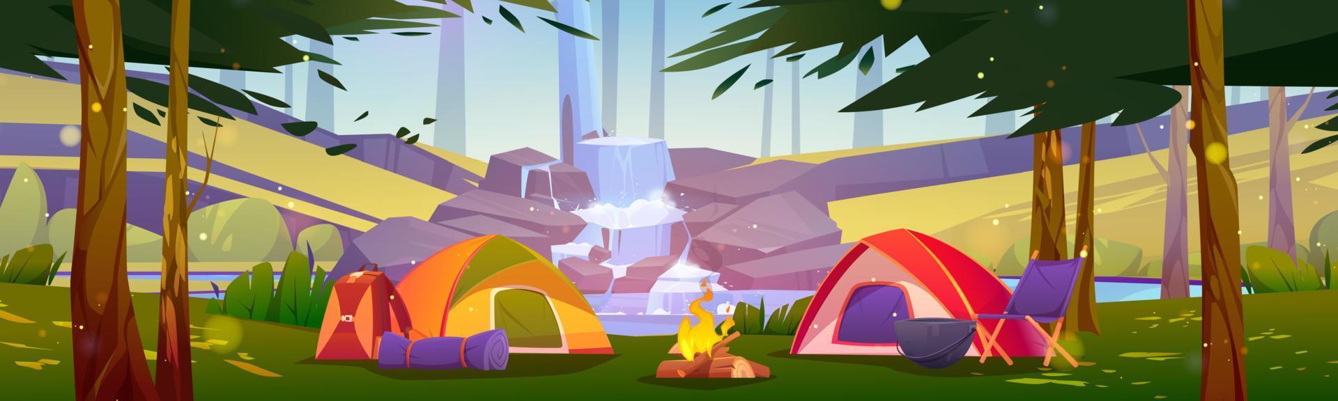 Camping tents with campfire at waterfall cascade vector