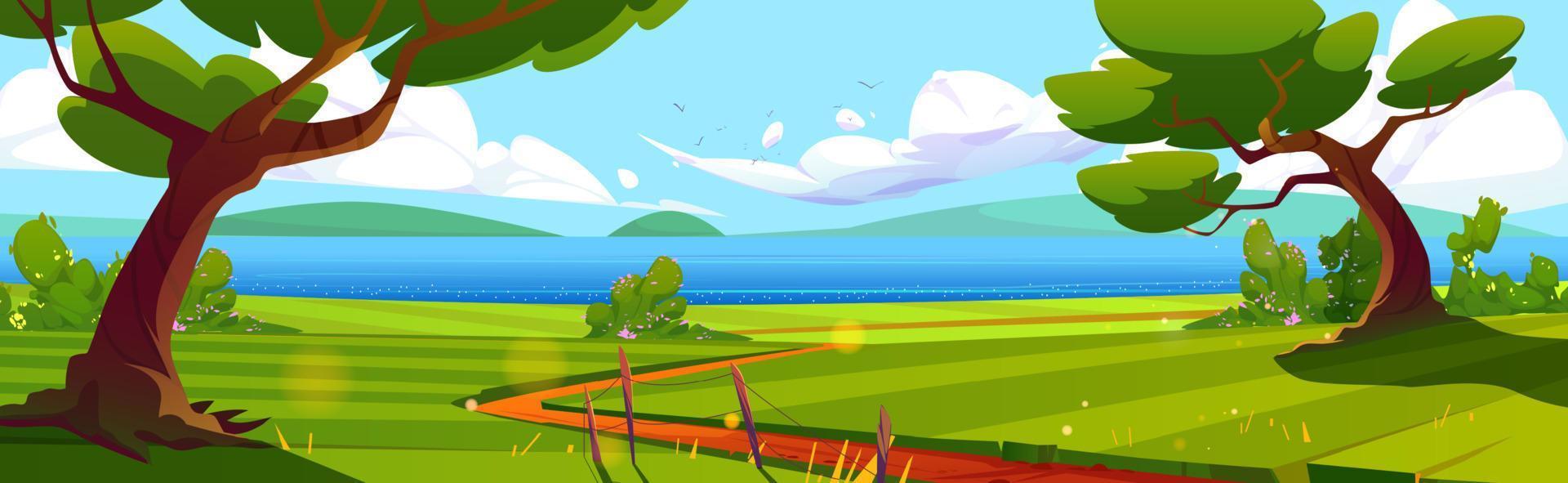 paisaje de verano, lago azul y vector de campo verde