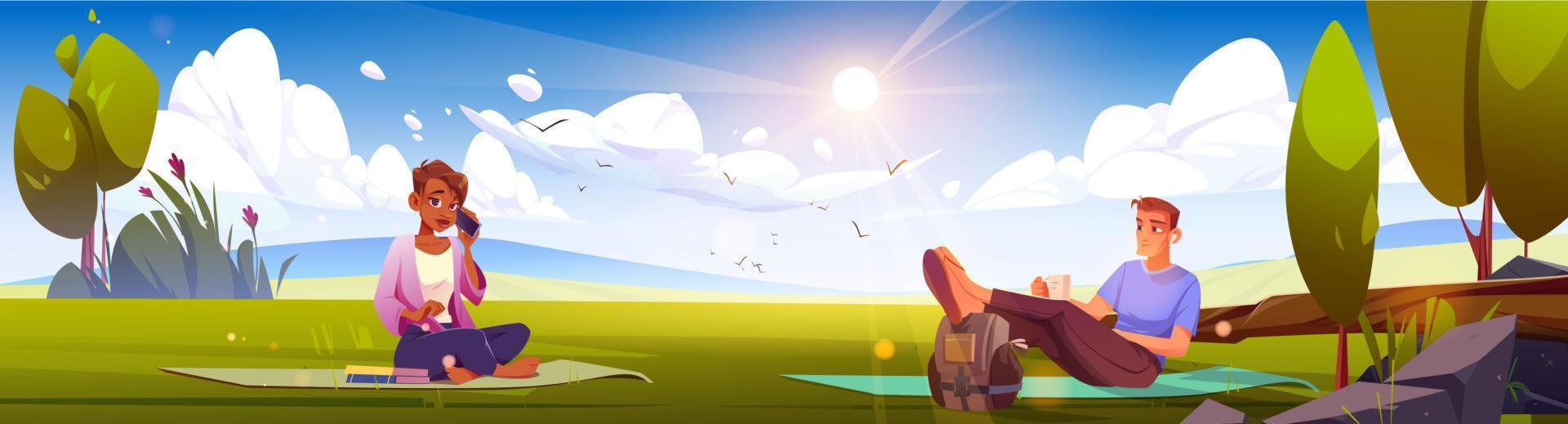 People sitting on lawn in sunny park, cartoon vector