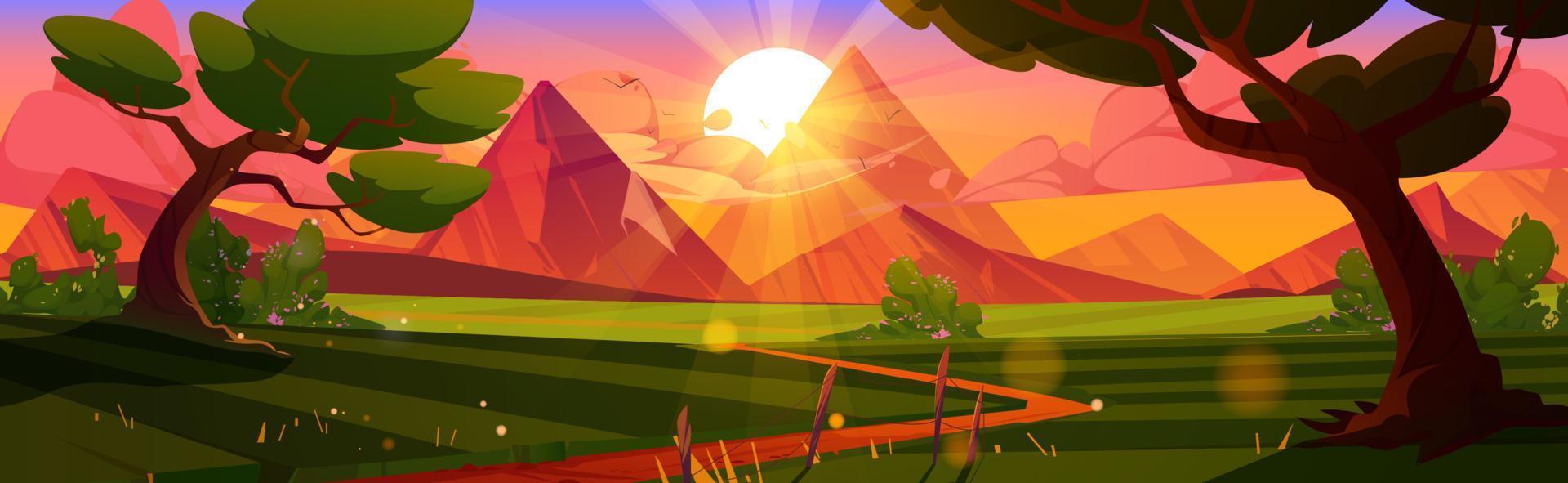 fondo de puesta de sol de paisaje de naturaleza de dibujos animados vector