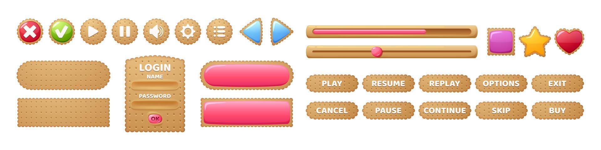 Cookie game buttons, cracker menu interface design vector