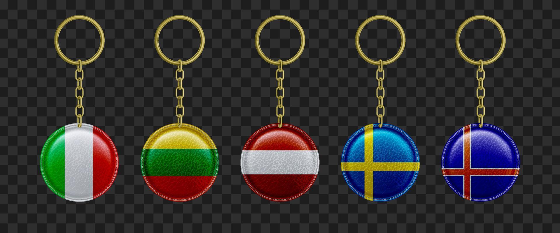 Leather keychain with European countries flags vector