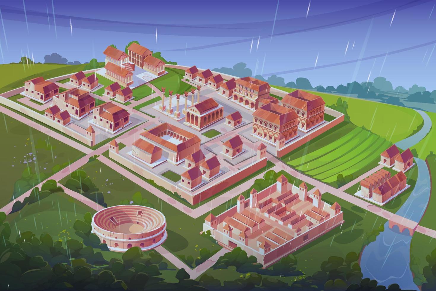 Ancient roman city on river coast in rain vector