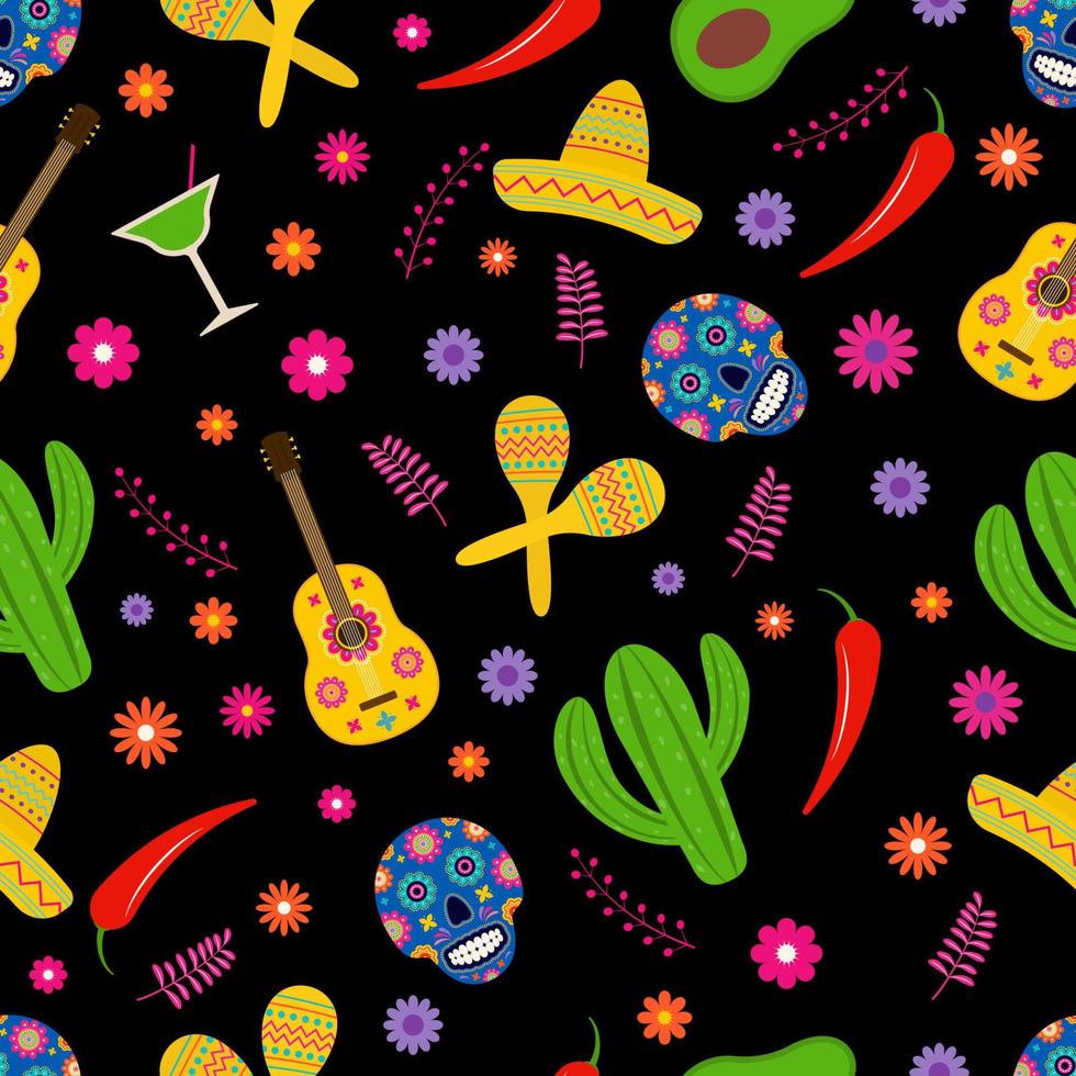 Dia de los Muertos seamless pattern of traditional Mexican symbols. Easy to edit vector template for greeting card, banner, poster, party invitation, fabric, textile, wrapping paper, etc