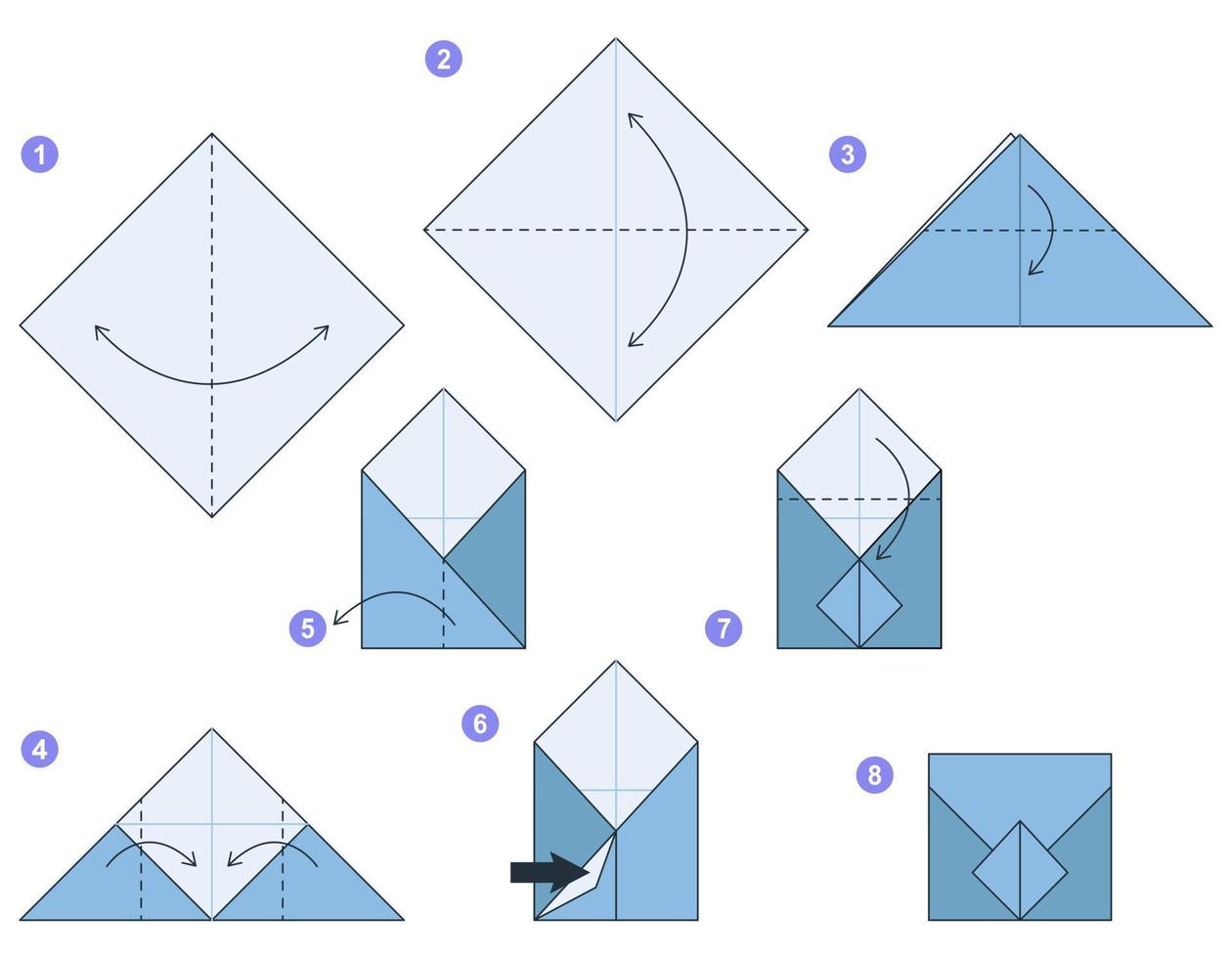 tutorial de esquema de origami de letras modelo en movimiento. papiroflexia para niños. paso a paso como hacer una linda carta de origami. ilustración vectorial vector