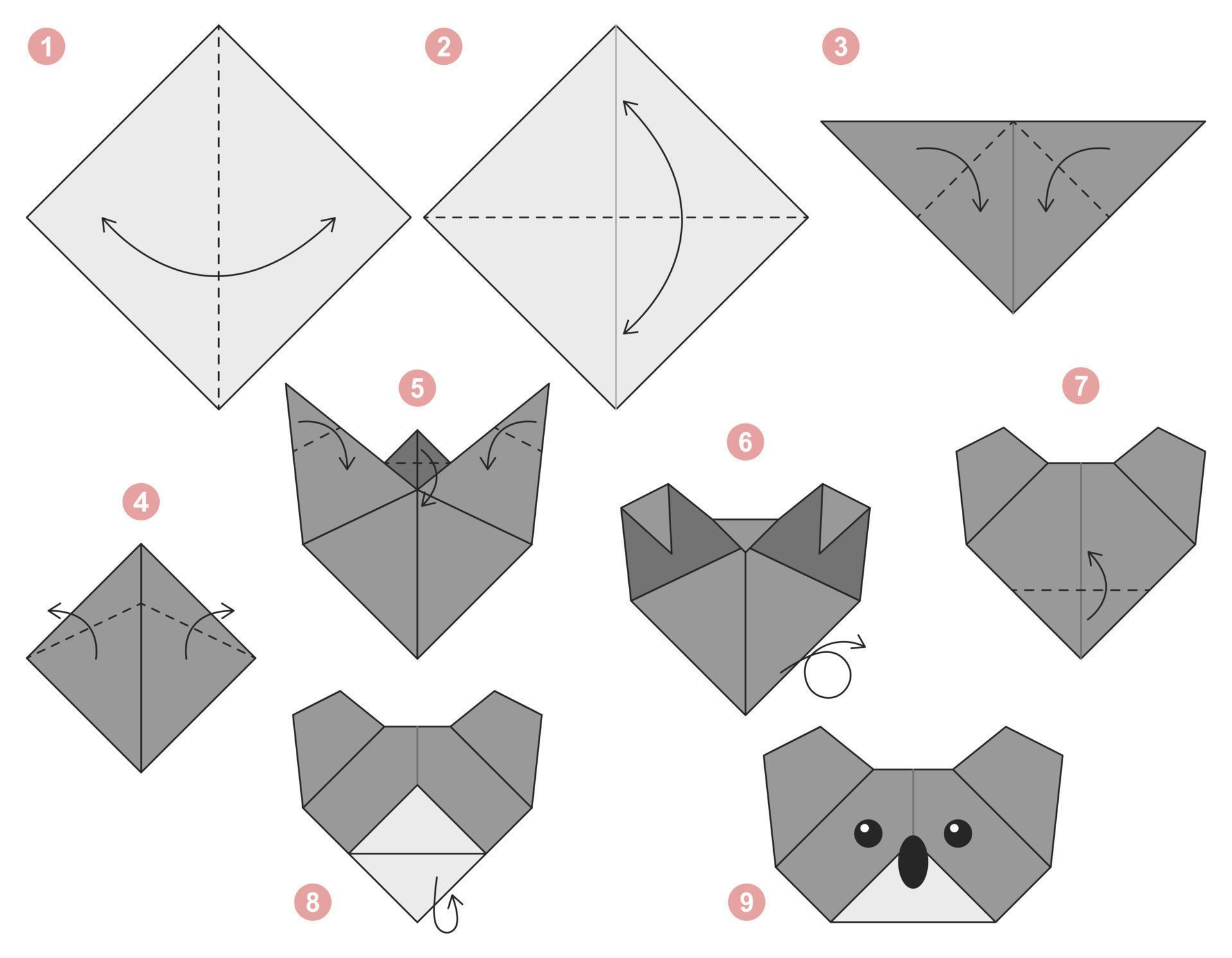 Koala origami scheme tutorial moving model. Origami for kids. Step by