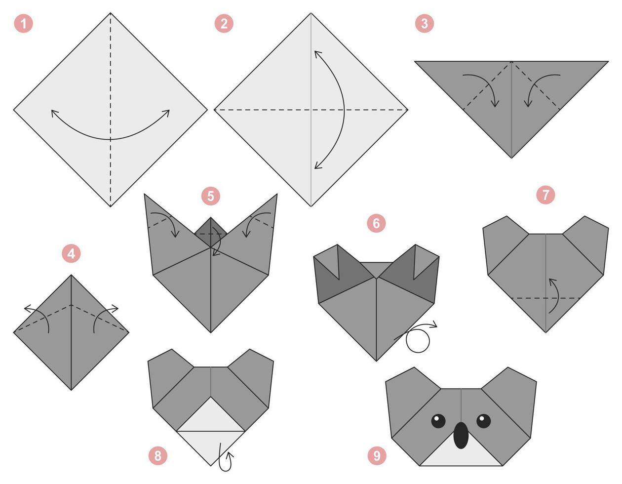 modelo en movimiento del tutorial del esquema de origami de koala. papiroflexia para niños. paso a paso como hacer un lindo koala de origami. ilustración vectorial vector