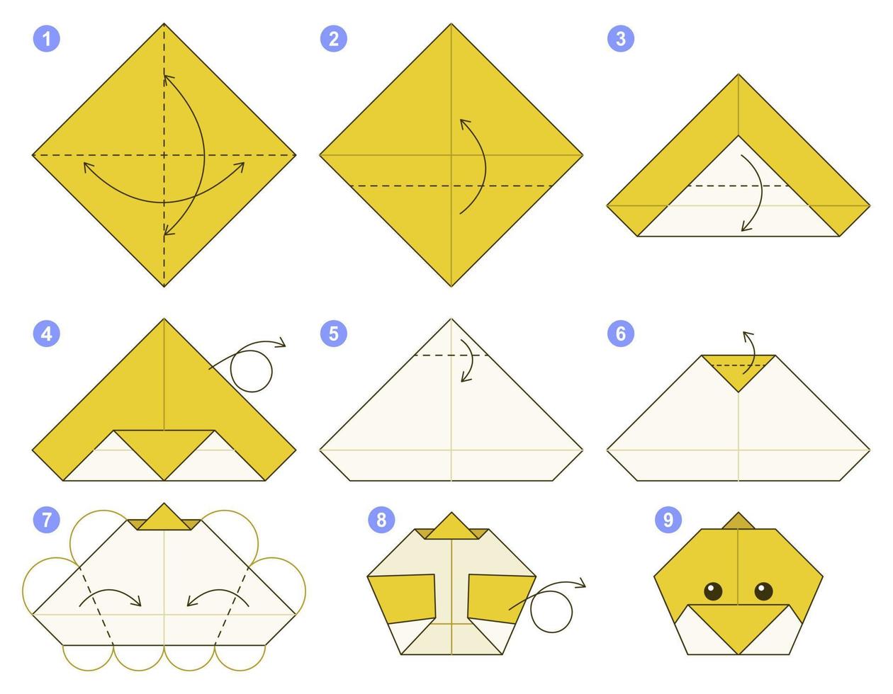 Chick origami scheme tutorial moving model. Origami for kids. Step by step how to make a cute origami Chick. Vector illustration.