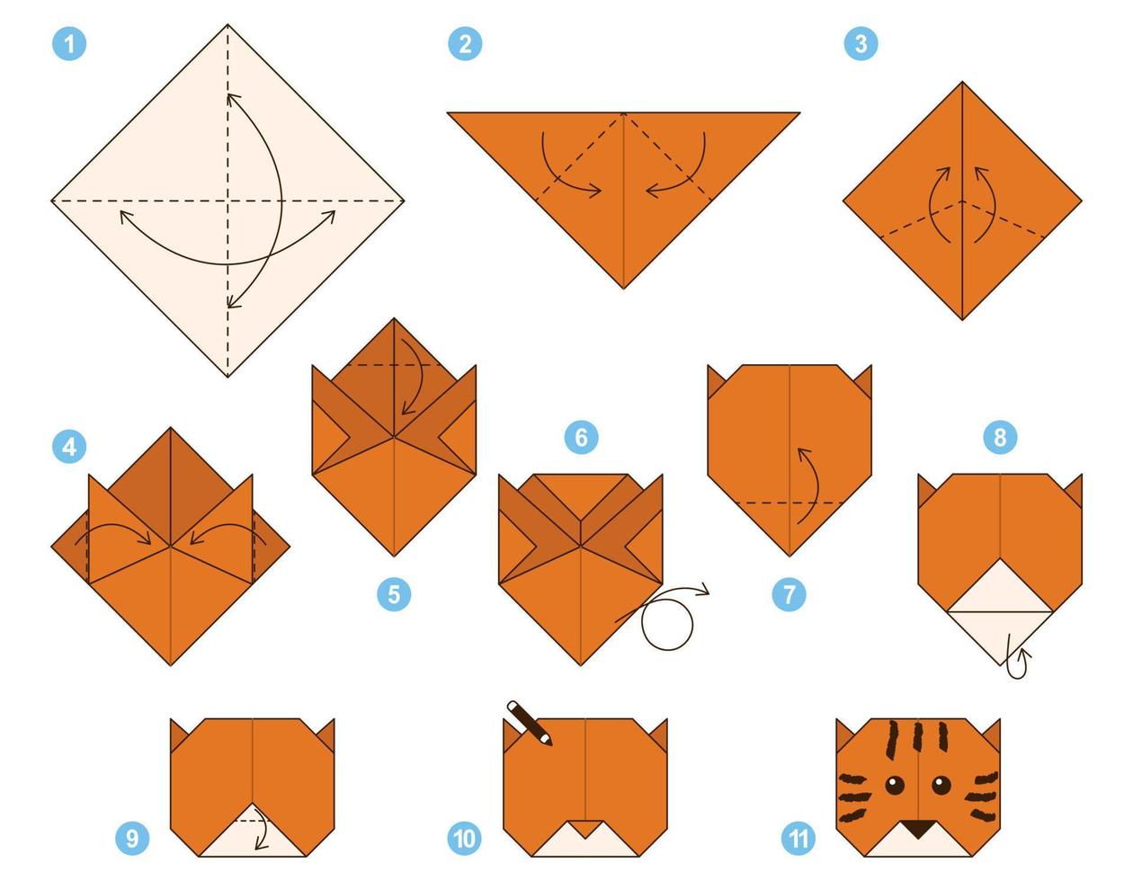 Tiger origami scheme tutorial moving model. Origami for kids. Step by