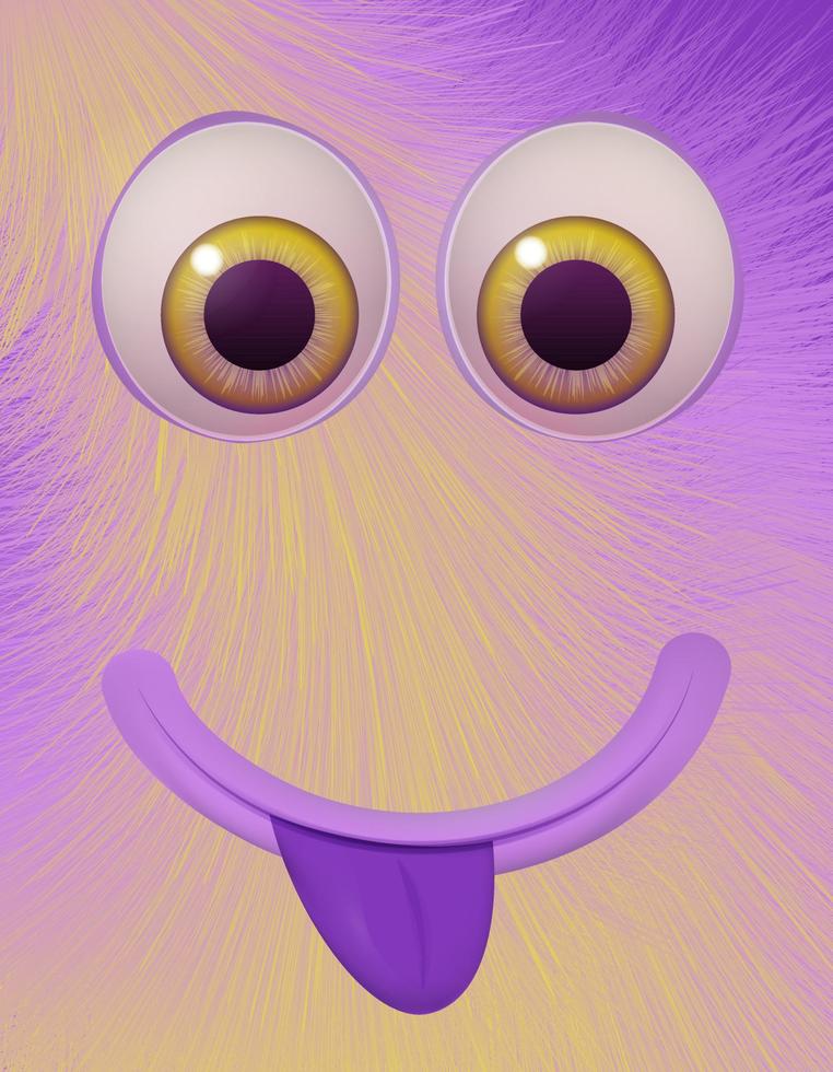 Happy cool cartoon monster. Design for postcards, posters, covers. 3D violet fluffy monster character. Vector illustration